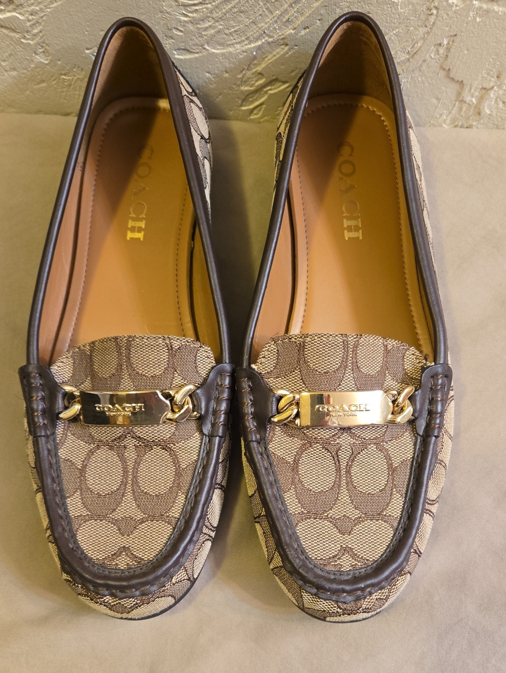 Coach Olive Beige/Brown Signature Canvas Loafers with Gold Hardware